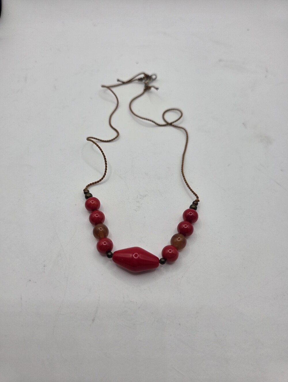 Vintage Boho Red & Amber Bead Cord Necklace Centerpiece Diamond Focal Bead